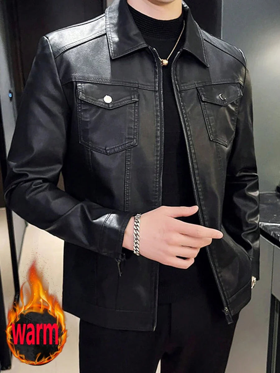Real Men's Leather Jacket Distressed Vintage Lapel Men's Leather Jacket Slim Fit Short Men's Leather Jacket,Fleece