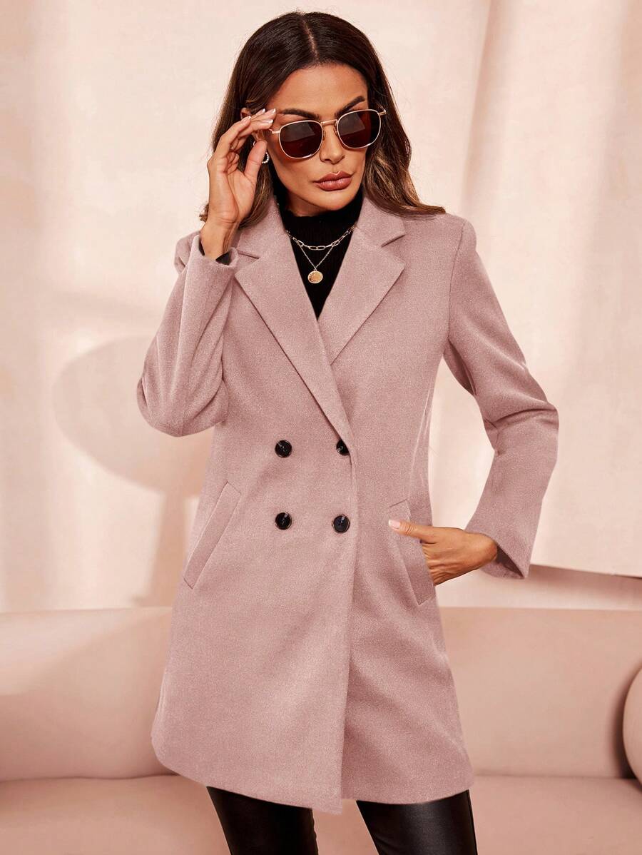 Clasi Women's Solid Color Double-Breasted Long Sleeve Woolen Windbreaker, Fashionable For Autumn/Winter