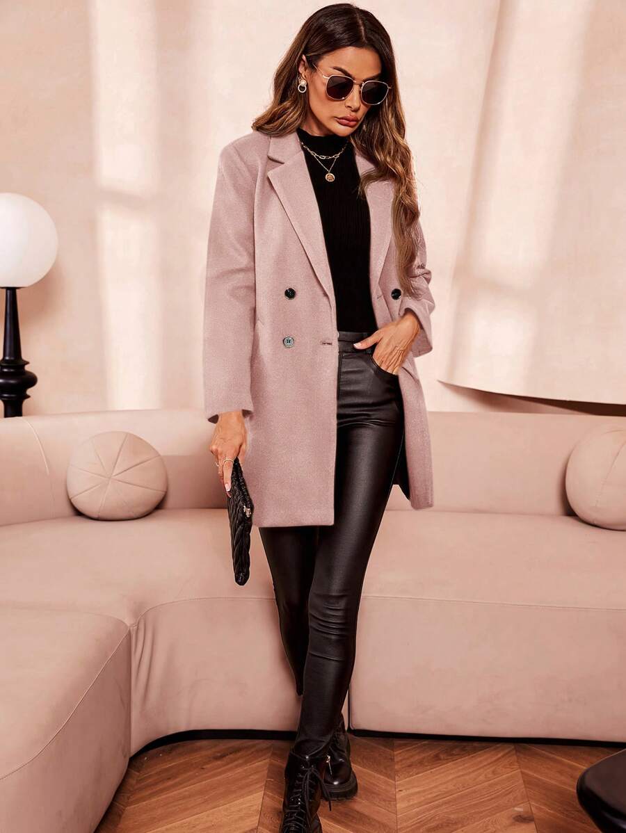 Clasi Women's Solid Color Double-Breasted Long Sleeve Woolen Windbreaker, Fashionable For Autumn/Winter