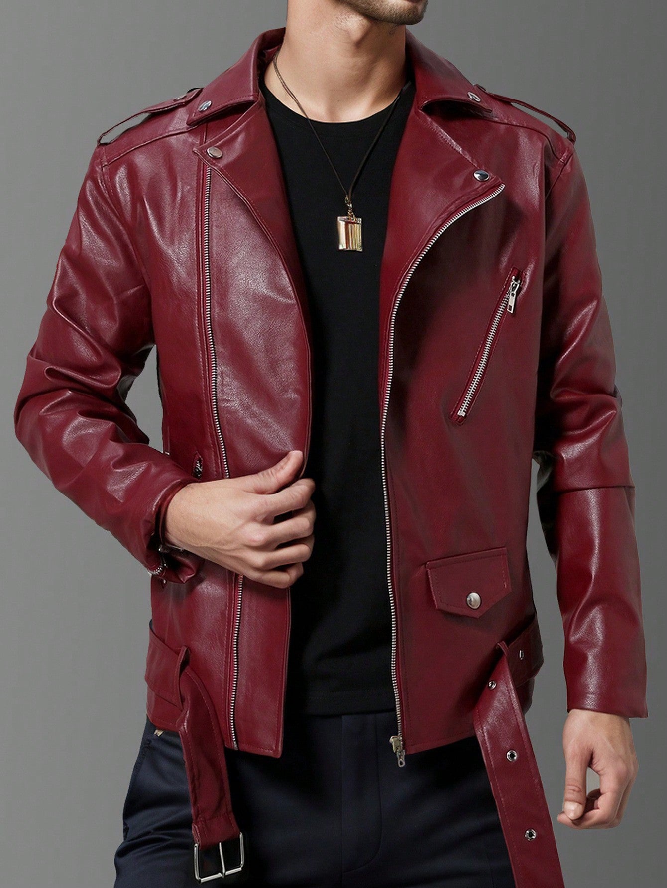 Men's Red Zipper Designed Biker Vest With Collar, Long Sleeve