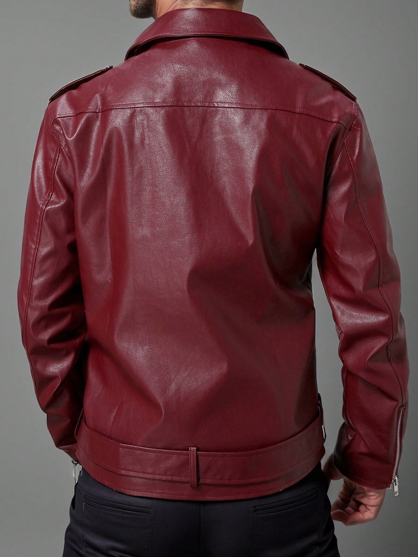 Men's Red Zipper Designed Biker Vest With Collar, Long Sleeve