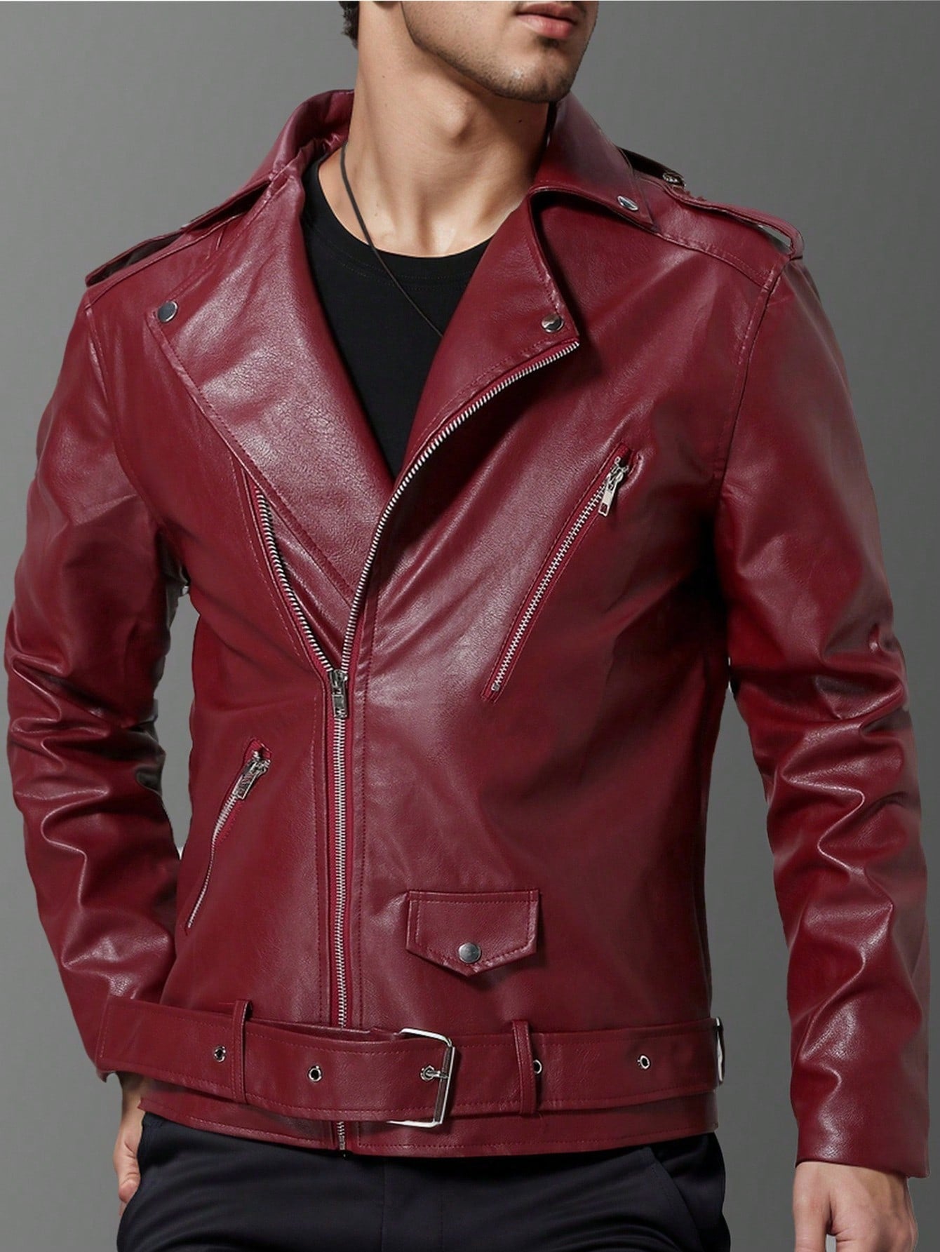 Men's Red Zipper Designed Biker Vest With Collar, Long Sleeve