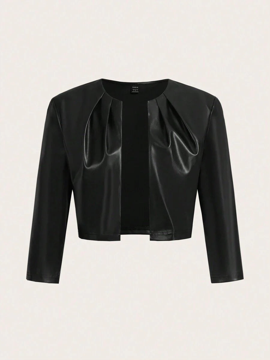 SHEIN Essence Women's Fashionable Commuter Solid Color Cropped Leather Jacket
