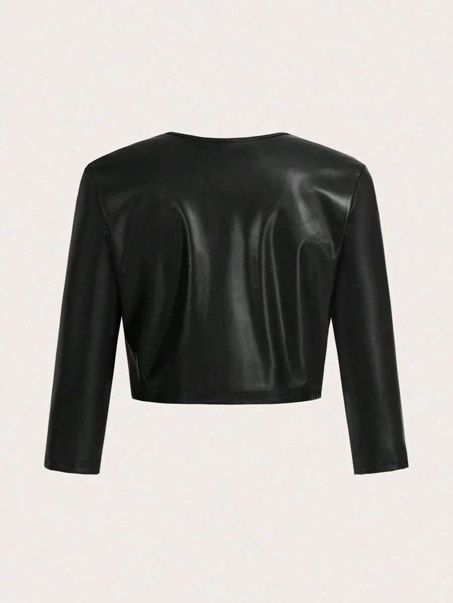 SHEIN Essence Women's Fashionable Commuter Solid Color Cropped Leather Jacket