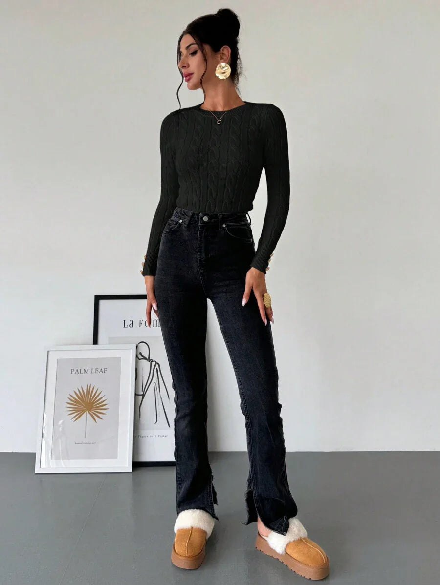 Firerie Women's Elegant Casual College Style Versatile White Crew Neck Cable Knit Button Decor Fitted Sweater