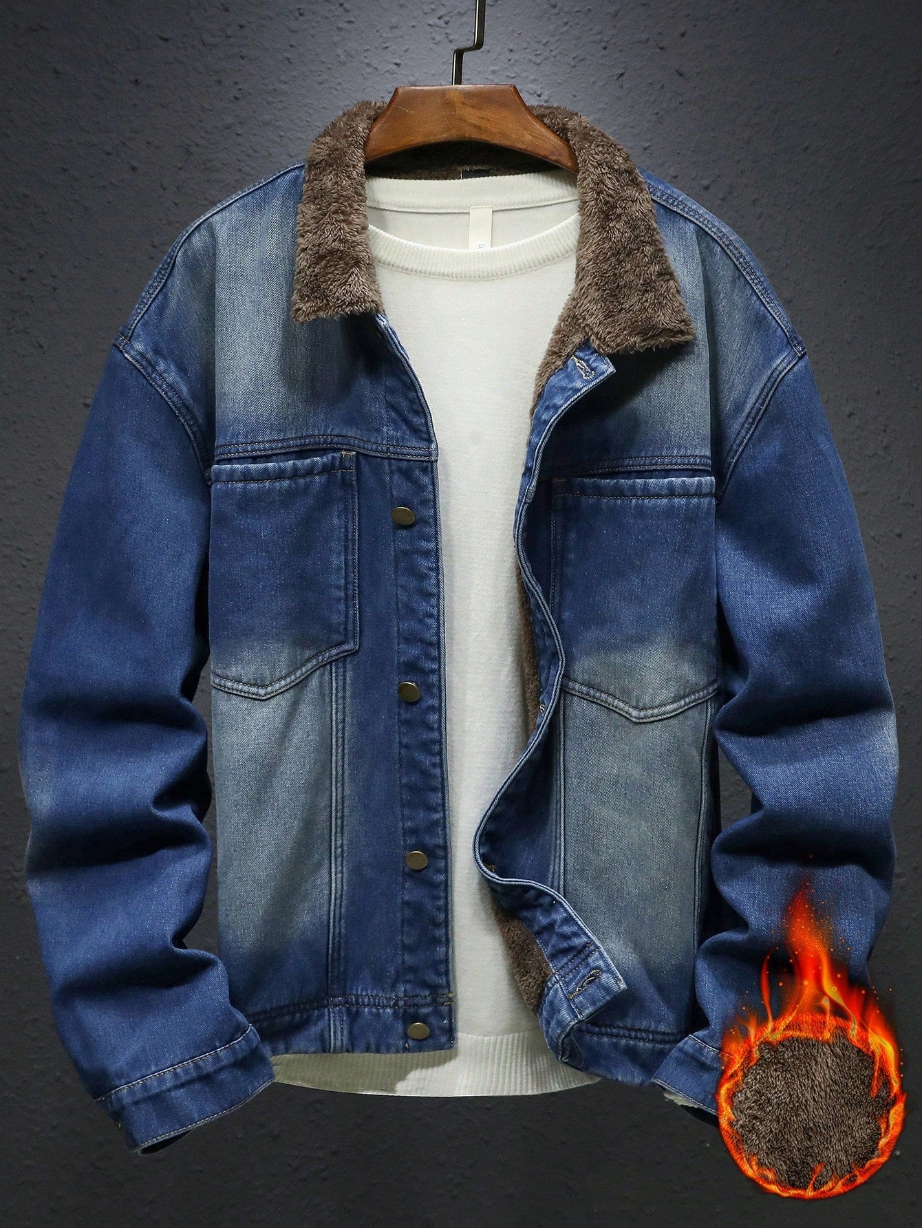 Manfinity Homme Men's Washed Deep Blue Denim Thermal Lined Casual Loose Jacket