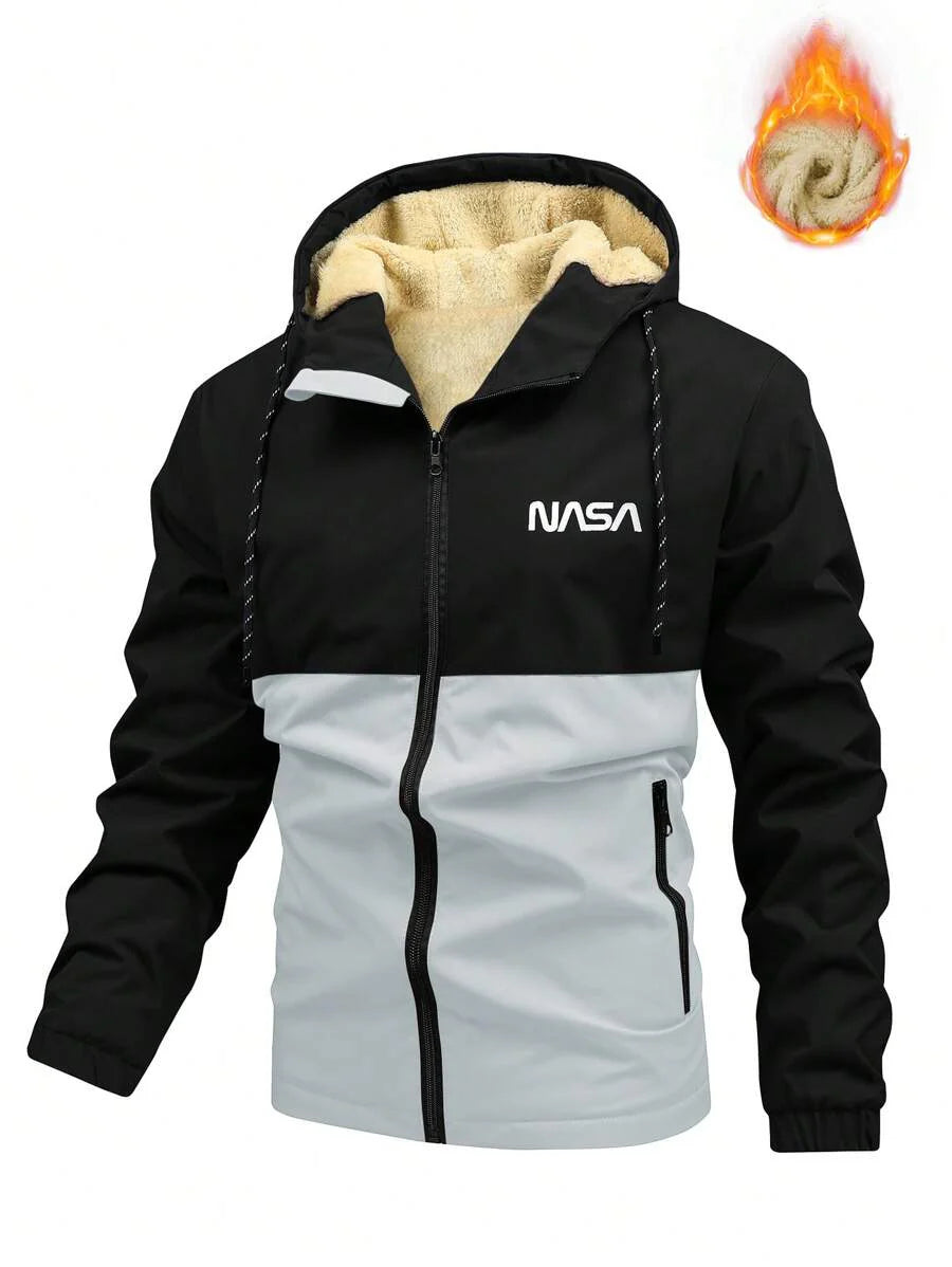Manfinity Homme Loose-Fit Men's Color Block Letter Print Hooded Fleece Outdoor Windbreaker Jacket Autumn Coat