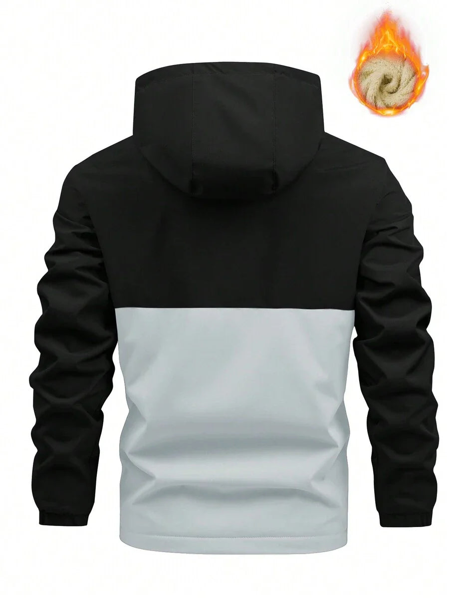 Manfinity Homme New Men's Autumn Winter Outdoor Warm Letter Graphic Colorblock Hooded Fleece Lined Jacket, Windproof Outdoor Windbreaker