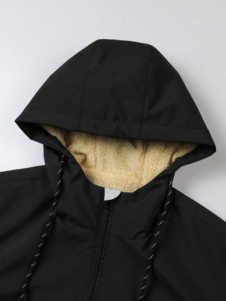 Manfinity Homme New Men's Autumn Winter Outdoor Warm Letter Graphic Colorblock Hooded Fleece Lined Jacket, Windproof Outdoor Windbreaker