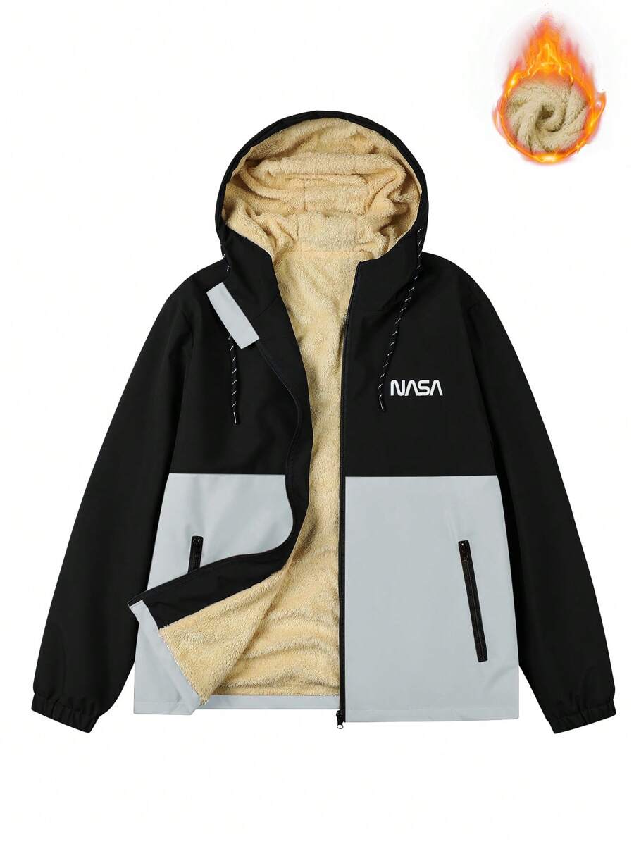 Manfinity Homme Loose-Fit Men's Color Block Letter Print Hooded Fleece Outdoor Windbreaker Jacket Autumn Coat