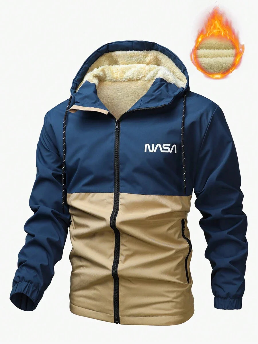 Manfinity Homme New Men's Autumn Winter Outdoor Warm Letter Graphic Colorblock Hooded Fleece Lined Jacket, Windproof Outdoor Windbreaker