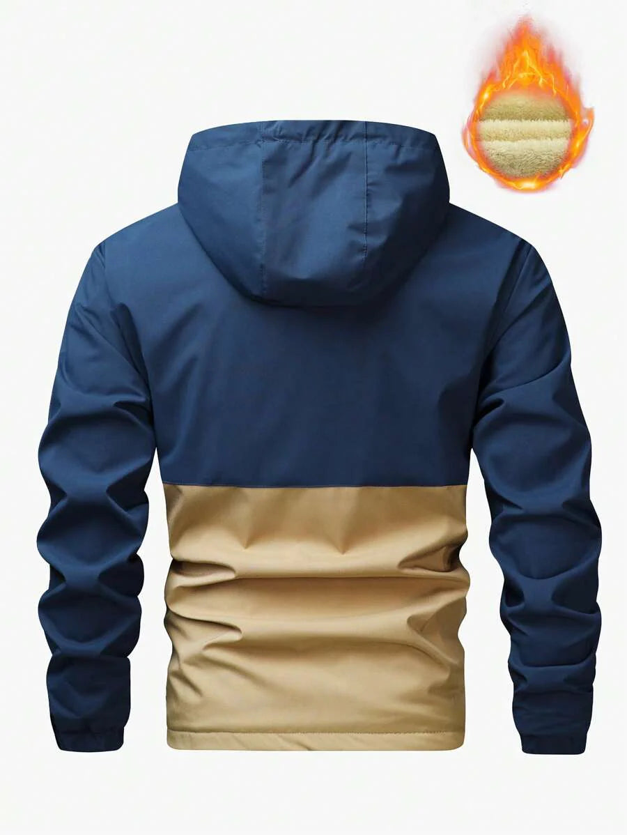 Manfinity Homme New Men's Autumn Winter Outdoor Warm Letter Graphic Colorblock Hooded Fleece Lined Jacket, Windproof Outdoor Windbreaker