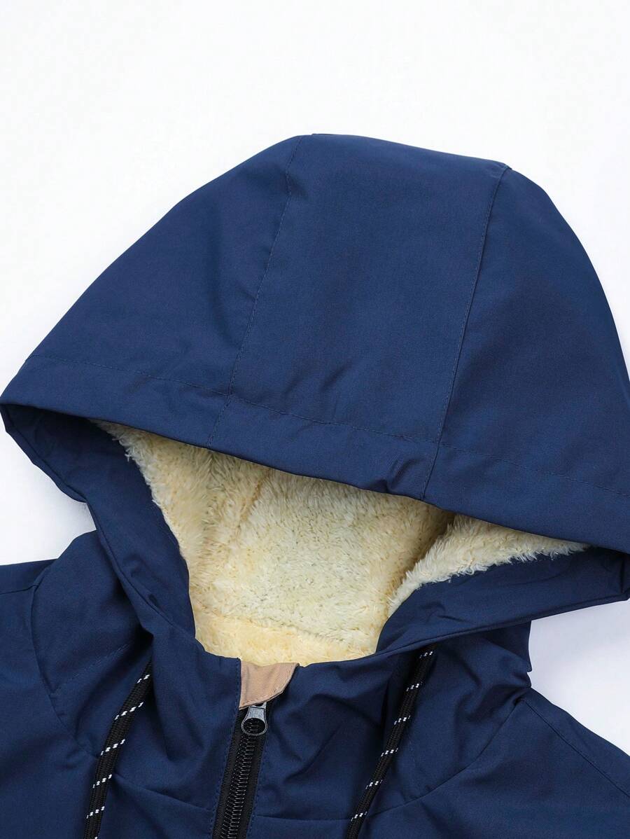 Manfinity Homme Loose-Fit Men's Color Block Letter Print Hooded Fleece Outdoor Windbreaker Jacket Autumn Coat
