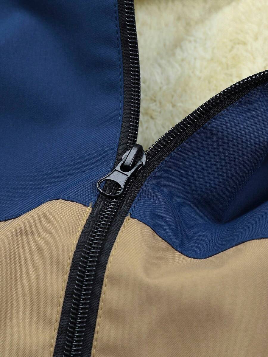 Manfinity Homme New Men's Autumn Winter Outdoor Warm Letter Graphic Colorblock Hooded Fleece Lined Jacket, Windproof Outdoor Windbreaker