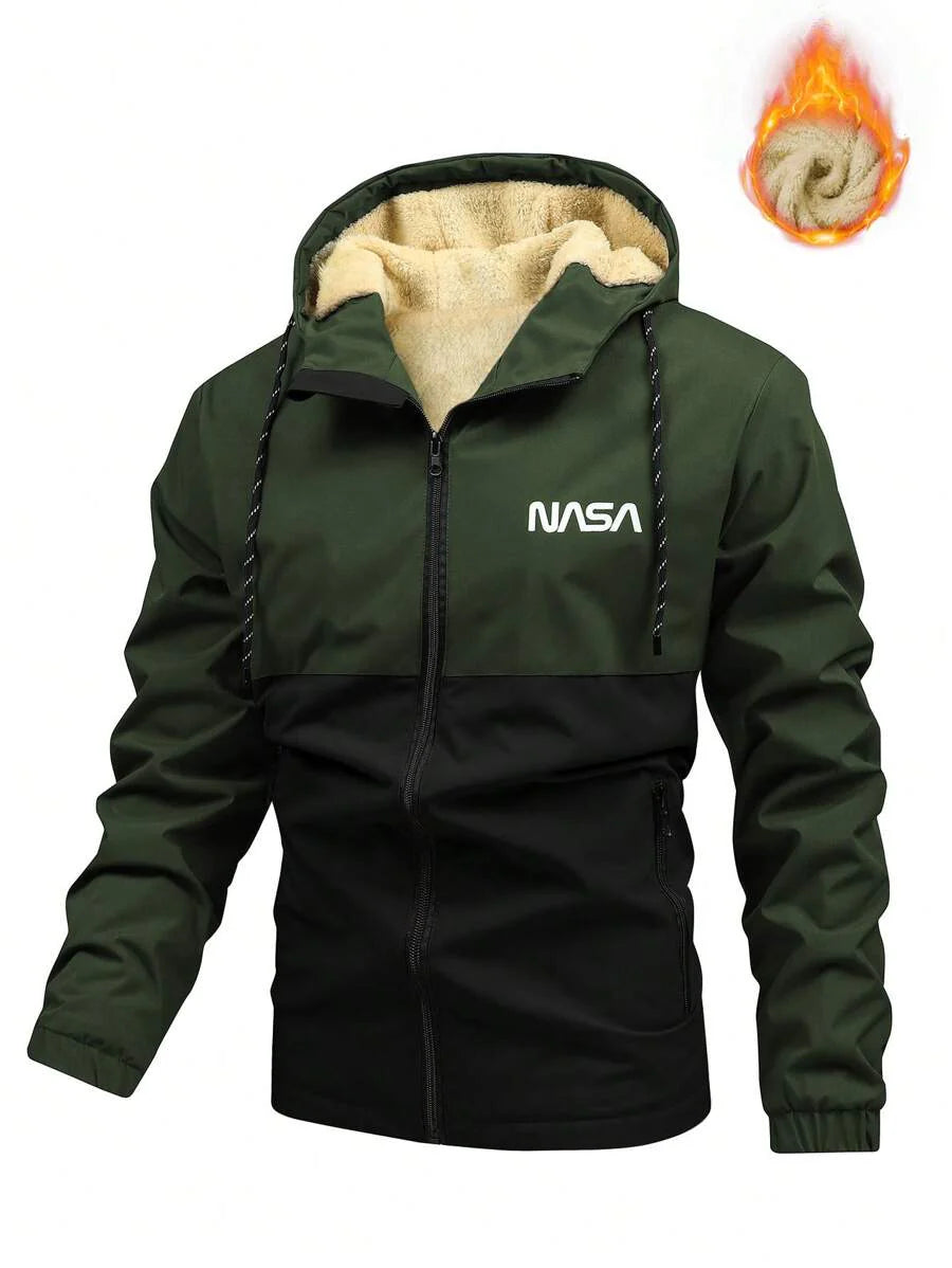 Manfinity Homme Loose-Fit Men's Color Block Letter Print Hooded Fleece Outdoor Windbreaker Jacket Autumn Coat