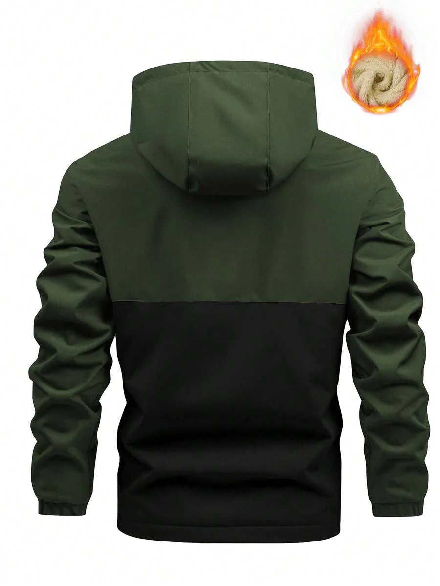 Manfinity Homme Loose-Fit Men's Color Block Letter Print Hooded Fleece Outdoor Windbreaker Jacket Autumn Coat