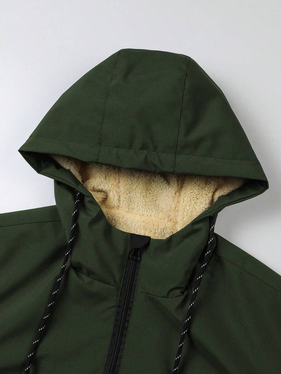 Manfinity Homme New Men's Autumn Winter Outdoor Warm Letter Graphic Colorblock Hooded Fleece Lined Jacket, Windproof Outdoor Windbreaker