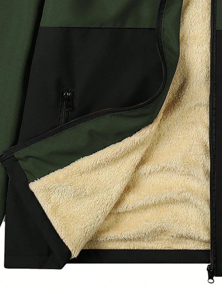 Manfinity Homme Loose-Fit Men's Color Block Letter Print Hooded Fleece Outdoor Windbreaker Jacket Autumn Coat