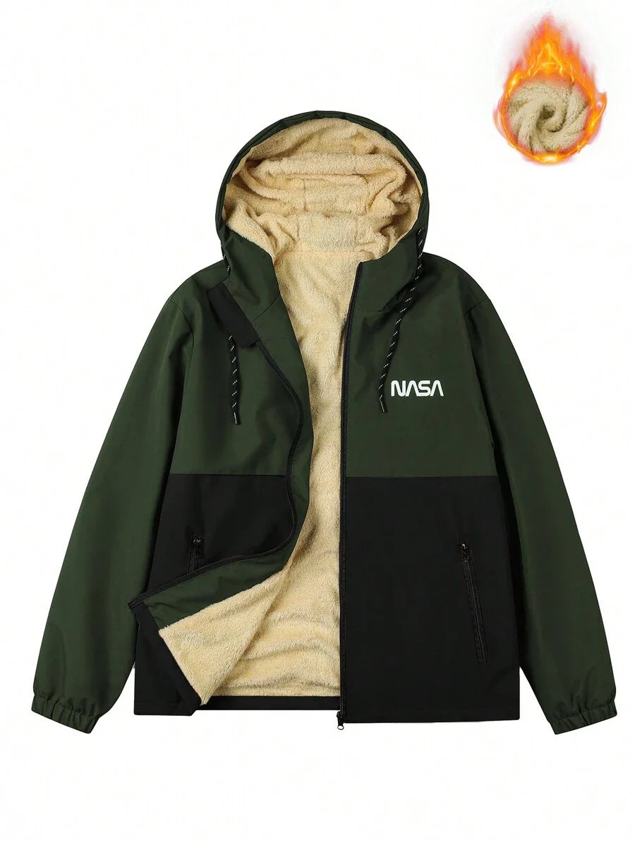 Manfinity Homme Loose-Fit Men's Color Block Letter Print Hooded Fleece Outdoor Windbreaker Jacket Autumn Coat