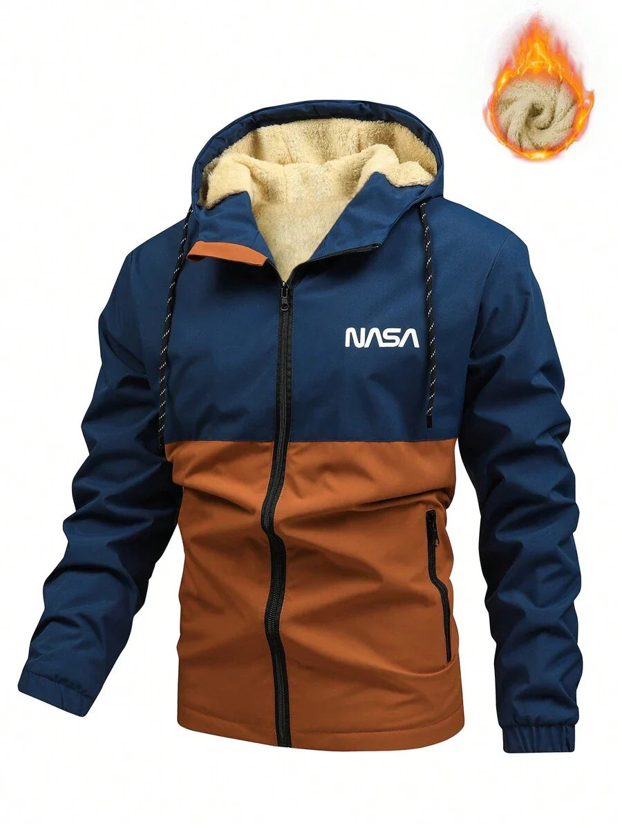 Manfinity Homme Loose-Fit Men's Color Block Letter Print Hooded Fleece Outdoor Windbreaker Jacket Autumn Coat