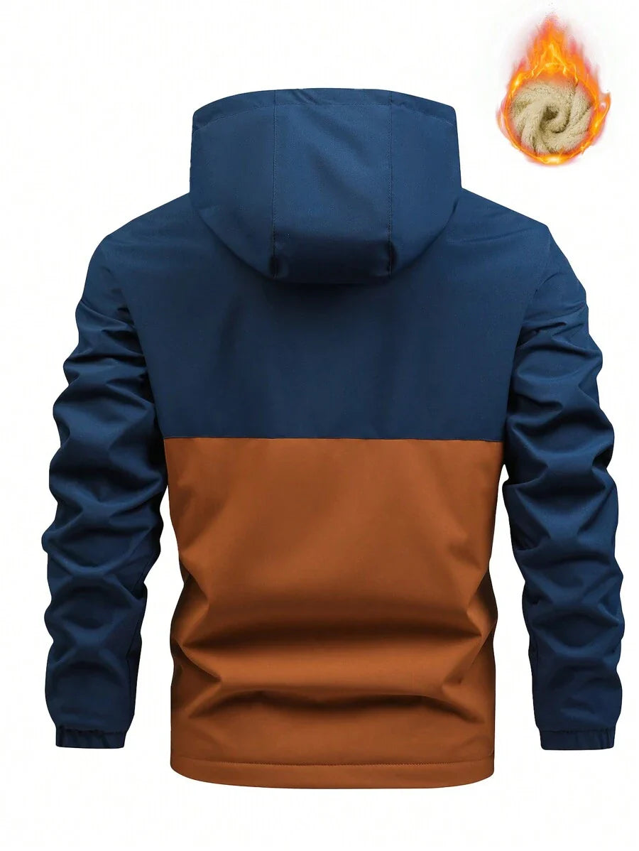Manfinity Homme New Men's Autumn Winter Outdoor Warm Letter Graphic Colorblock Hooded Fleece Lined Jacket, Windproof Outdoor Windbreaker