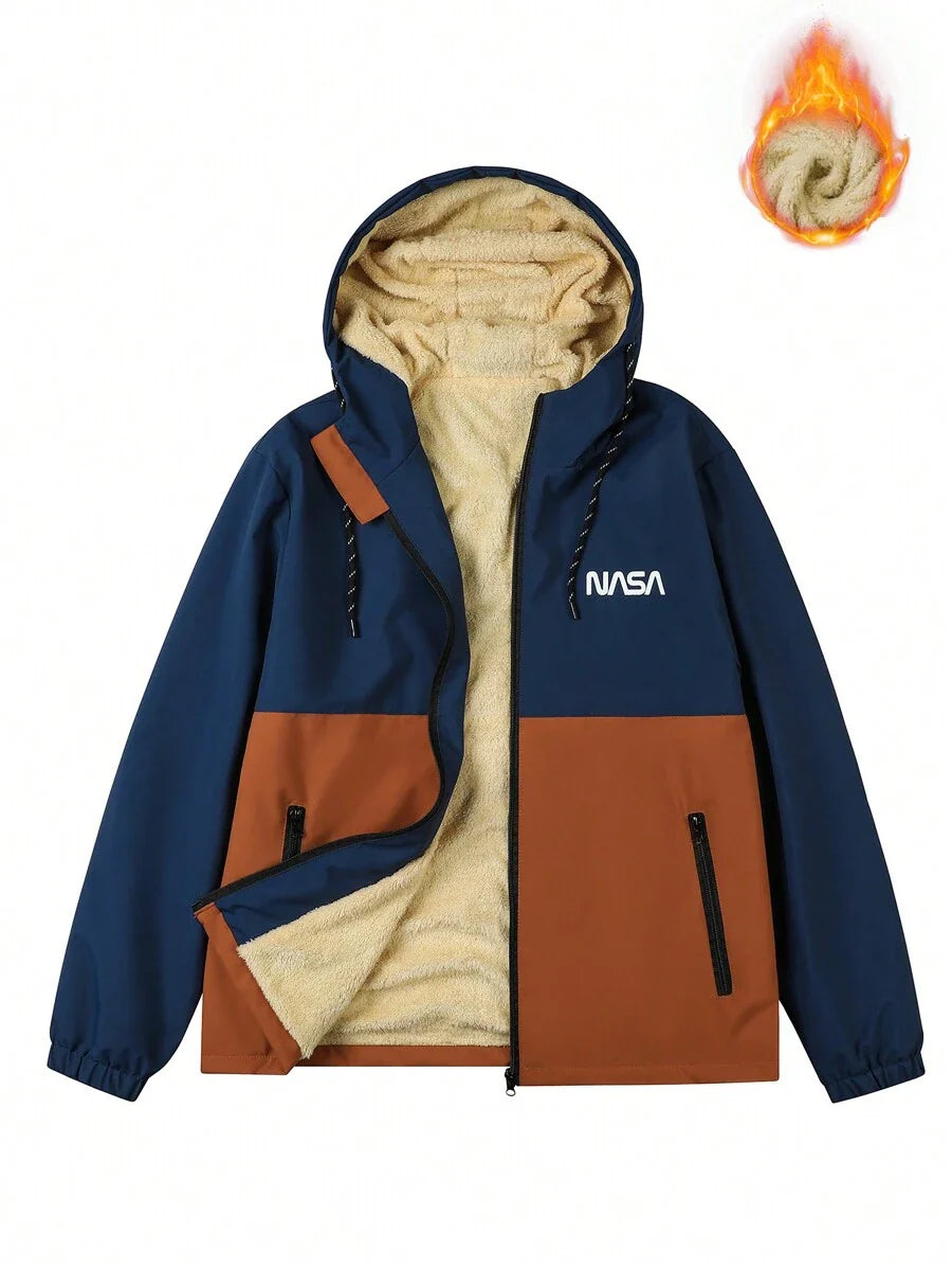 Manfinity Homme New Men's Autumn Winter Outdoor Warm Letter Graphic Colorblock Hooded Fleece Lined Jacket, Windproof Outdoor Windbreaker