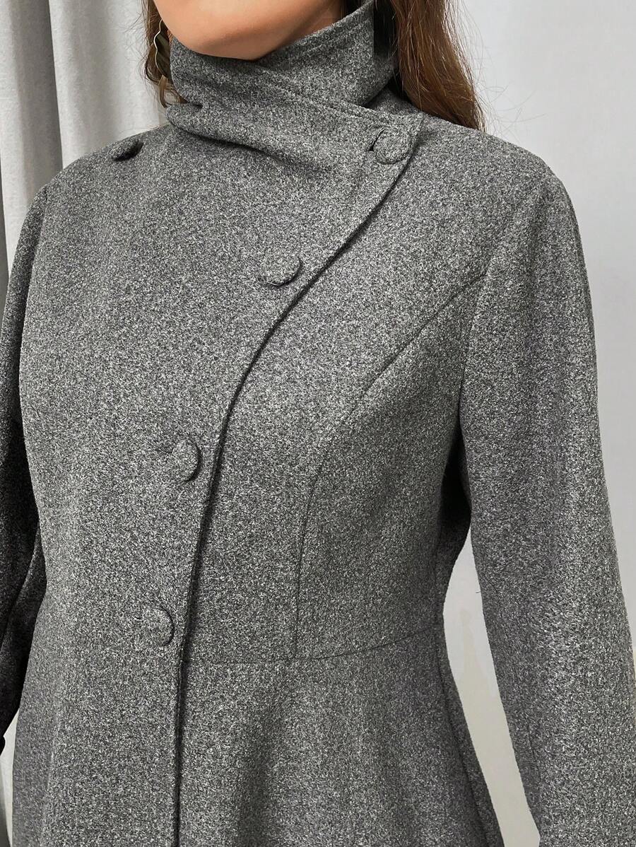 SHEIN Privé Plus Size Women's Fashion Runway Asymmetric A-Line Gray Overcoat, Suitable For Minimalist Outings And Elegant Dates In Winter