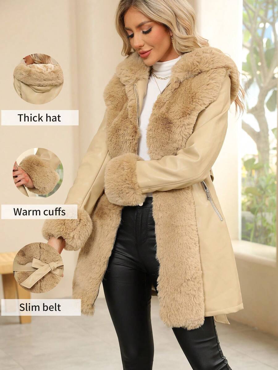 Giolshon Women's PU Jacket With Faux Fur And Belt - Perfect For Fall And Winter, And Stylish With Waist Tie For Casual Or Work Commute