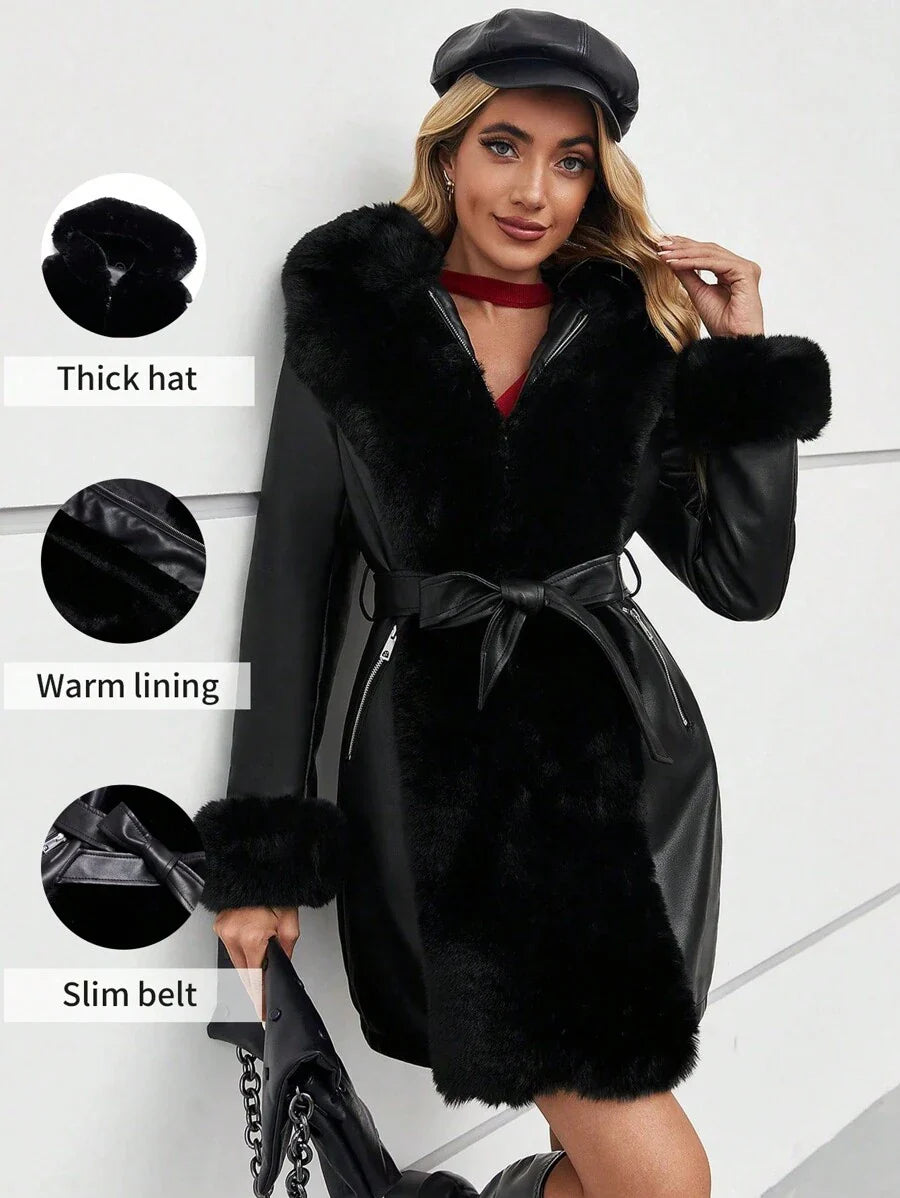 Giolshon Women's PU Jacket With Faux Fur And Belt - Perfect For Fall And Winter, And Stylish With Waist Tie For Casual Or Work Commute