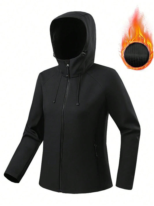1pc Women's Outdoor Softshell Thermal Lined Windproof Waterproof Jacket For Hiking Camping, Autumn/Winter, Fleece