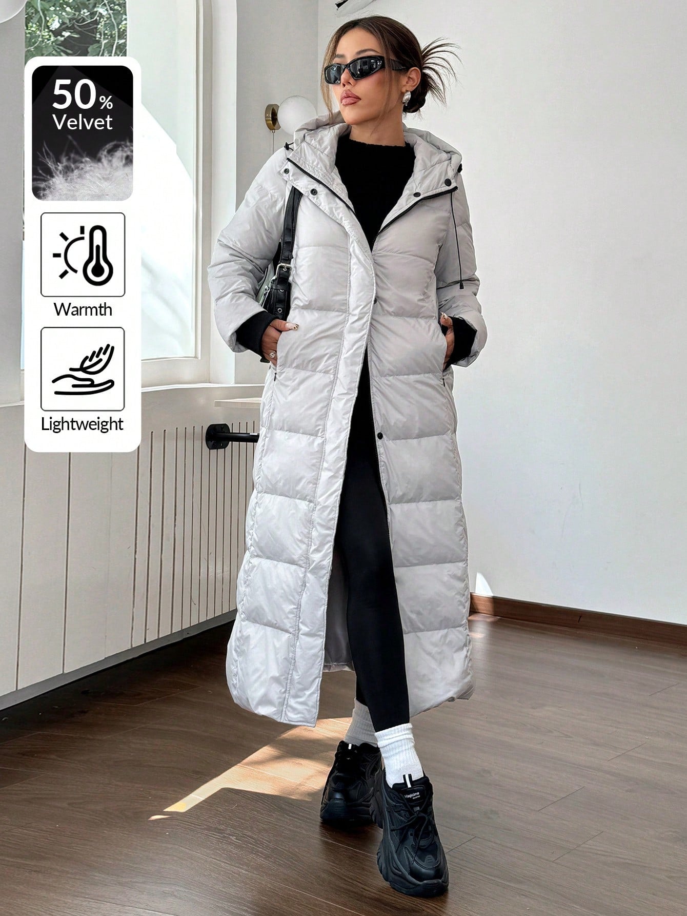 SHEIN EZwear Women Casual Solid Color Hooded Long Down& Feathers Jacket For Winter With Carrying Straps Inside