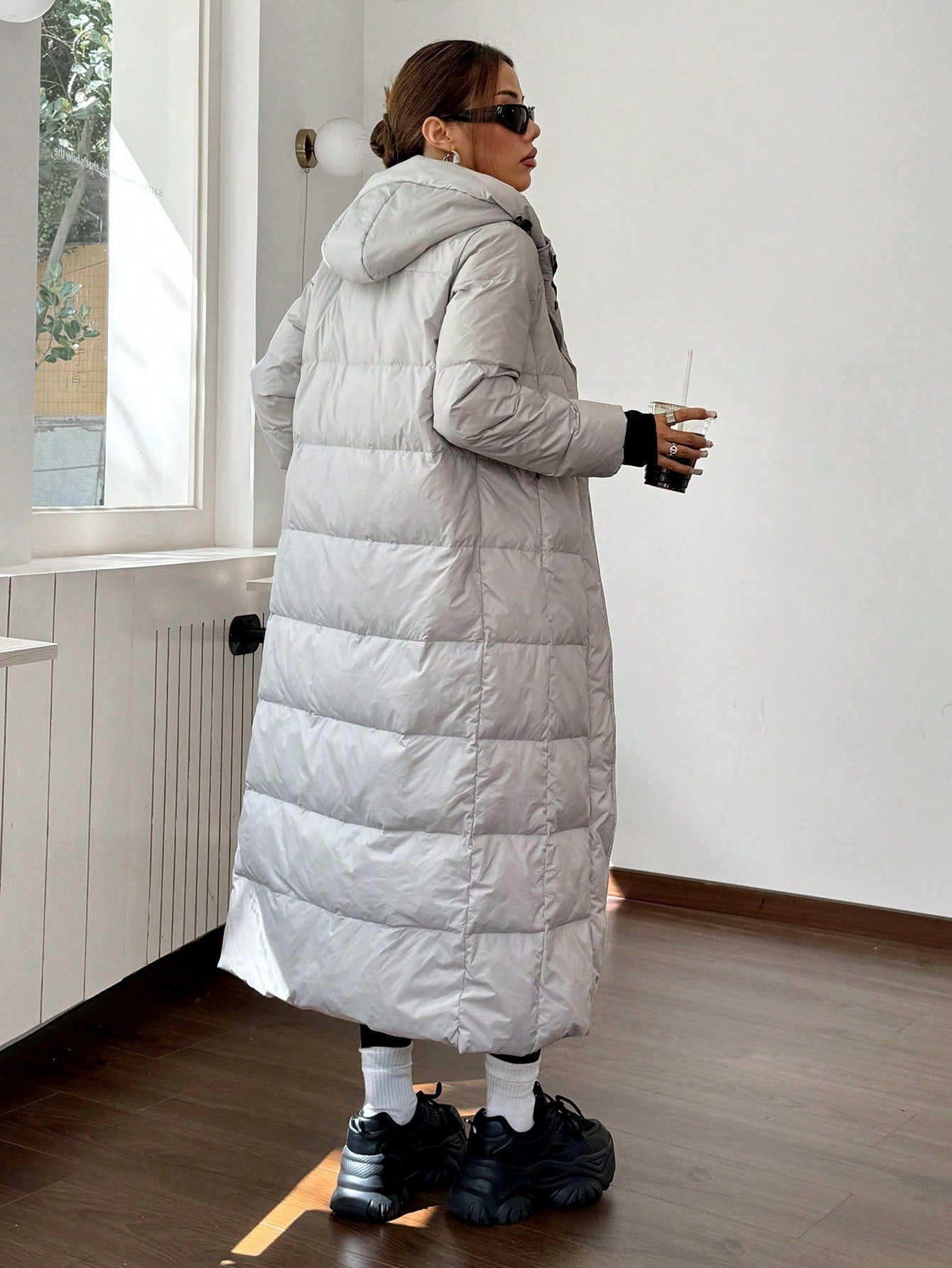 SHEIN EZwear Women Casual Solid Color Hooded Long Down& Feathers Jacket For Winter With Carrying Straps Inside