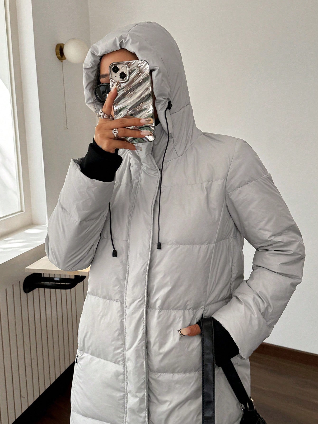 SHEIN EZwear Women Casual Solid Color Hooded Long Down& Feathers Jacket For Winter With Carrying Straps Inside