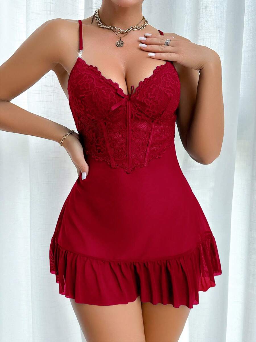 Slumberist 2pcs Set: Fishbone Style Cinch Waist Lace Cami Nightgown