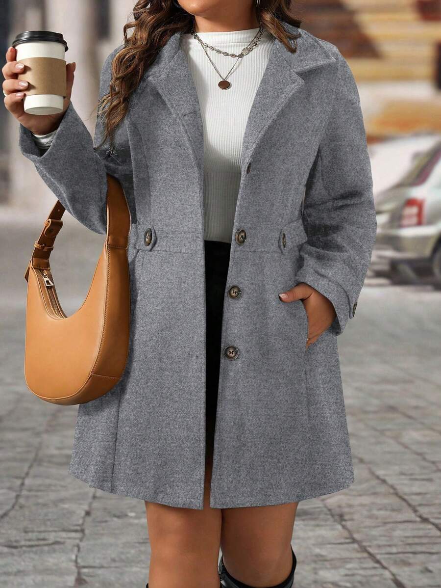 EMERY ROSE Black Lapel Button Decor Waist Cinched Mid-Length Women Overcoat
