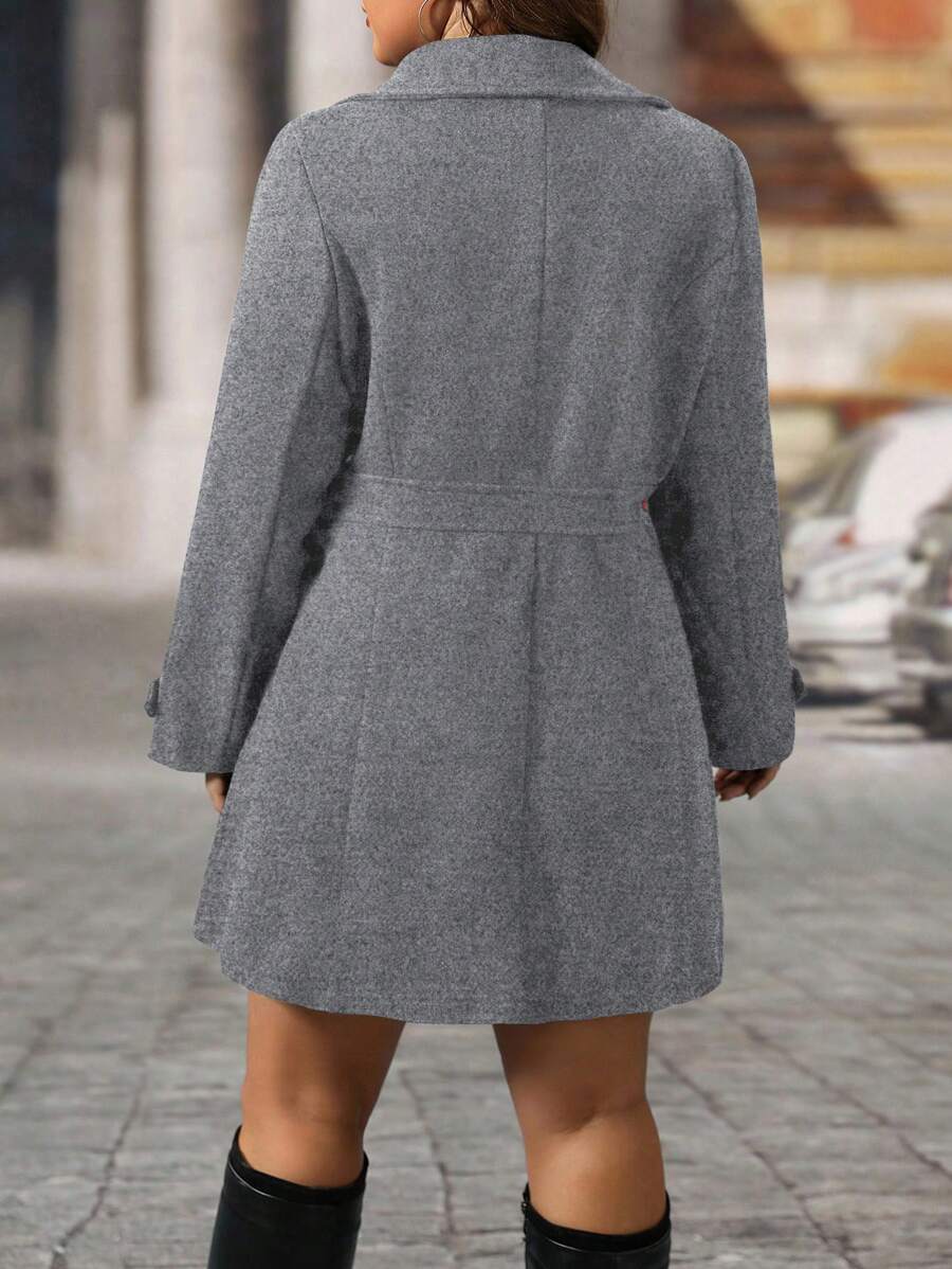 EMERY ROSE Black Lapel Button Decor Waist Cinched Mid-Length Women Overcoat