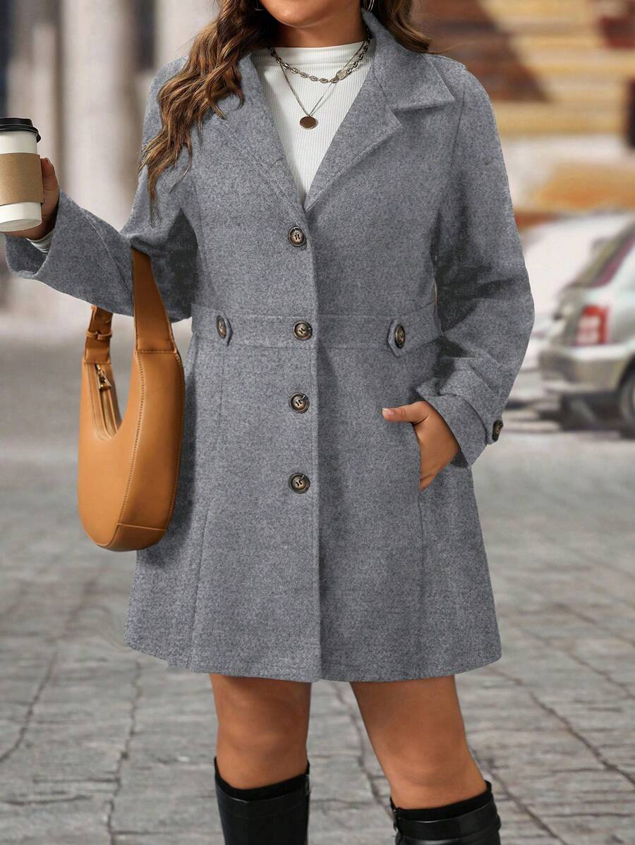 EMERY ROSE Black Lapel Button Decor Waist Cinched Mid-Length Women Overcoat