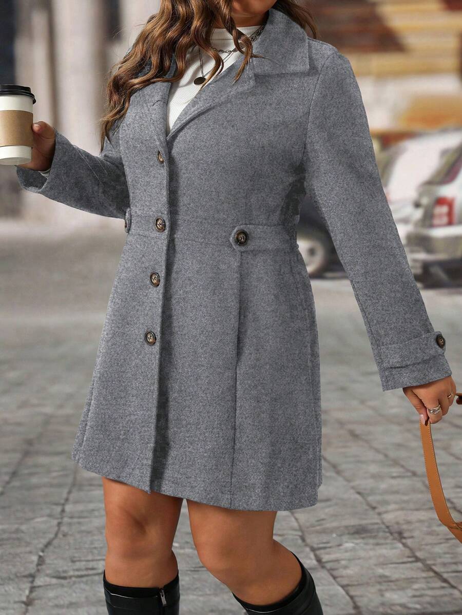 EMERY ROSE Black Lapel Button Decor Waist Cinched Mid-Length Women Overcoat