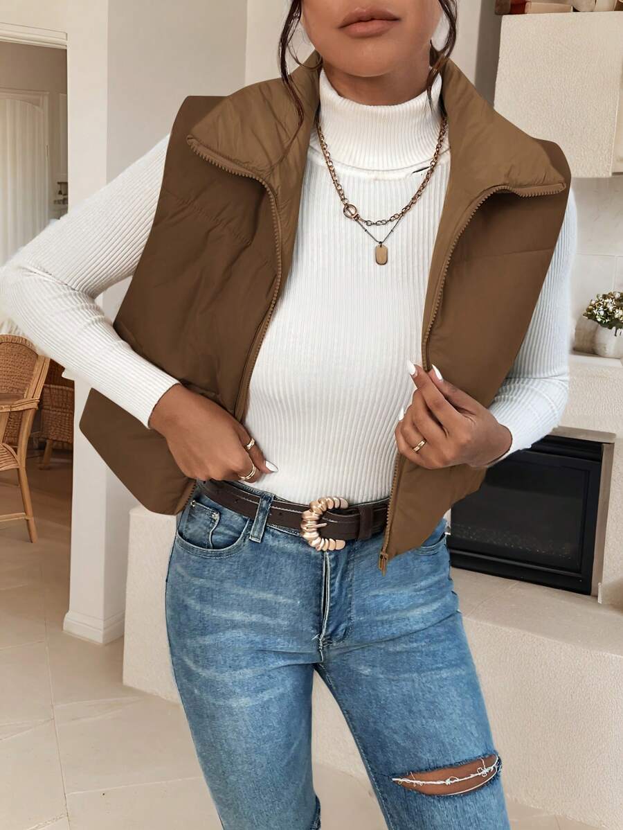 EZwear Women's Down Quilted Collared Sleeveless Jacket, Winter, Women's Sleeveless Zip-Up Casual Warm Padded Coat, Winter Women Coat, Black Jacket, Winter Women Clothes, Black Coat, Retro, Elegant Women, Festival Clothes, Business Casual Women,