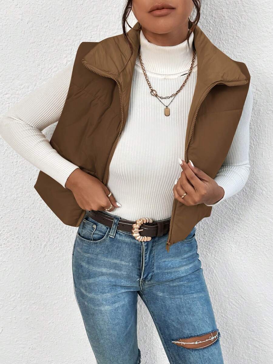 EZwear Women's Down Quilted Collared Sleeveless Jacket, Winter, Women's Sleeveless Zip-Up Casual Warm Padded Coat, Winter Women Coat, Black Jacket, Winter Women Clothes, Black Coat, Retro, Elegant Women, Festival Clothes, Business Casual Women,