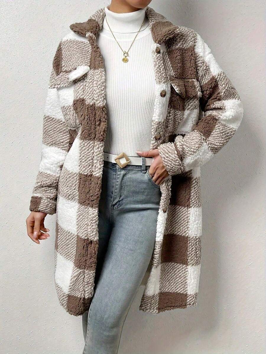 Women's Autumn & Winter Single-Breasted Lapel Plush Plaid Coat, Loose Long Overcoat, Long-Sleeved Outerwear
