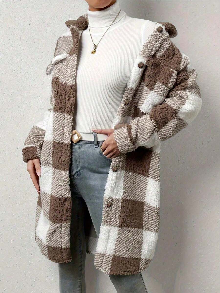 Women's Autumn & Winter Single-Breasted Lapel Plush Plaid Coat, Loose Long Overcoat, Long-Sleeved Outerwear