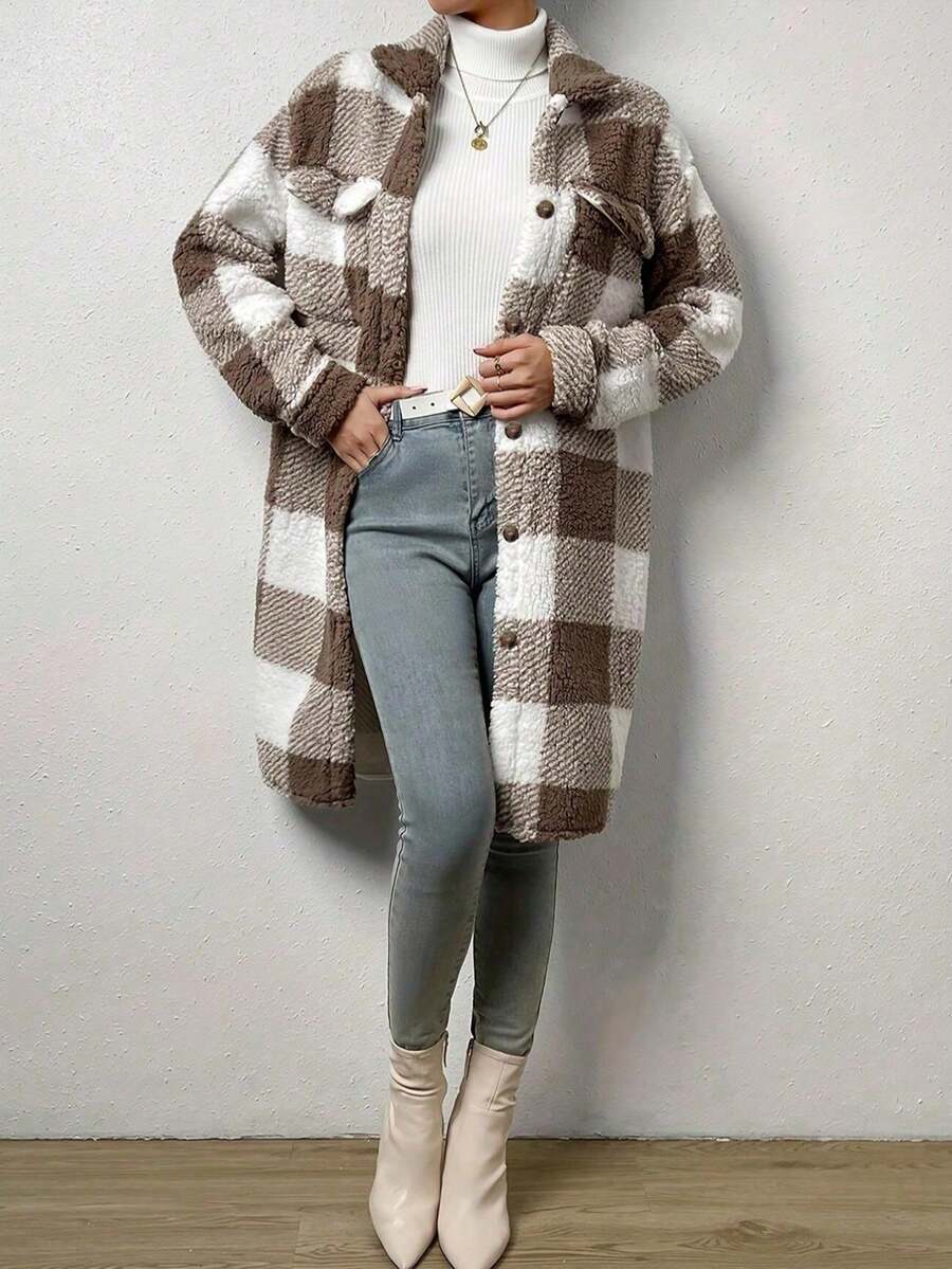 Women's Autumn & Winter Single-Breasted Lapel Plush Plaid Coat, Loose Long Overcoat, Long-Sleeved Outerwear