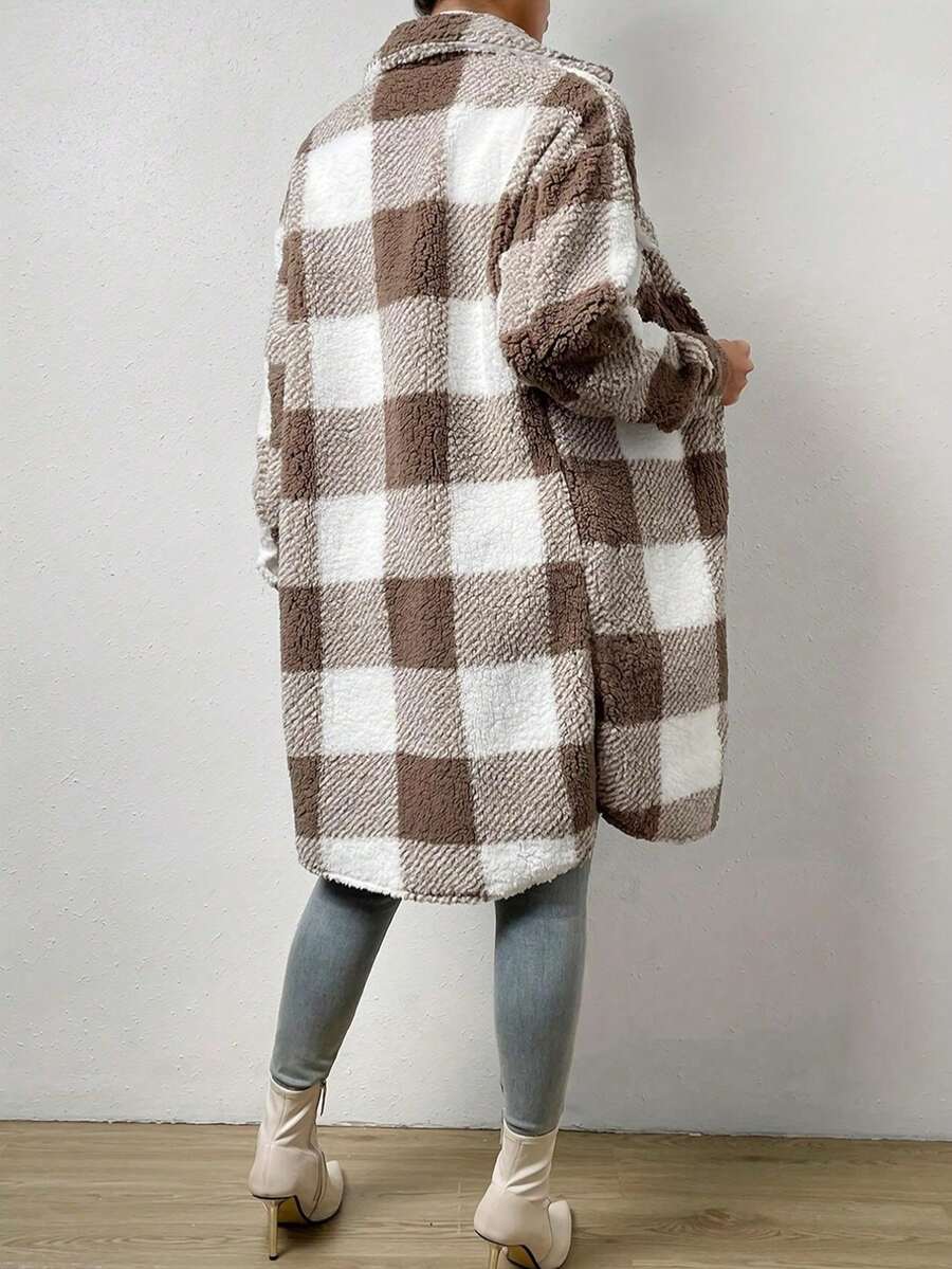 Women's Autumn & Winter Single-Breasted Lapel Plush Plaid Coat, Loose Long Overcoat, Long-Sleeved Outerwear