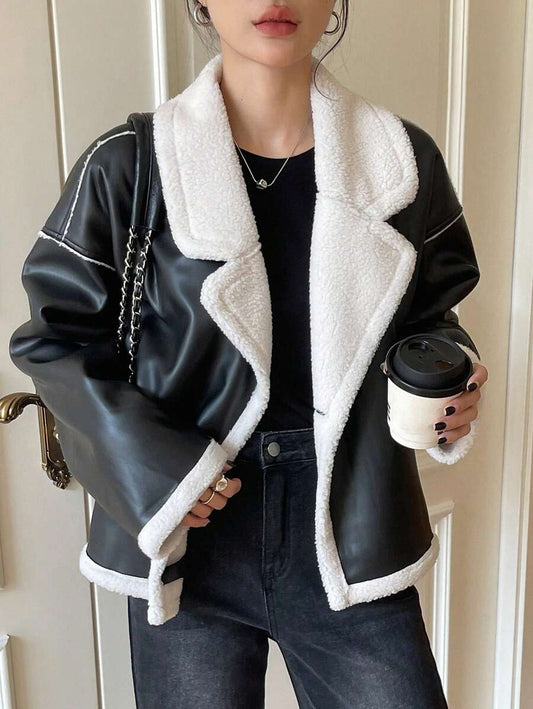 DAZY Women's Casual Contrast Color Faux Shearling Jacket, Autumn/Winter