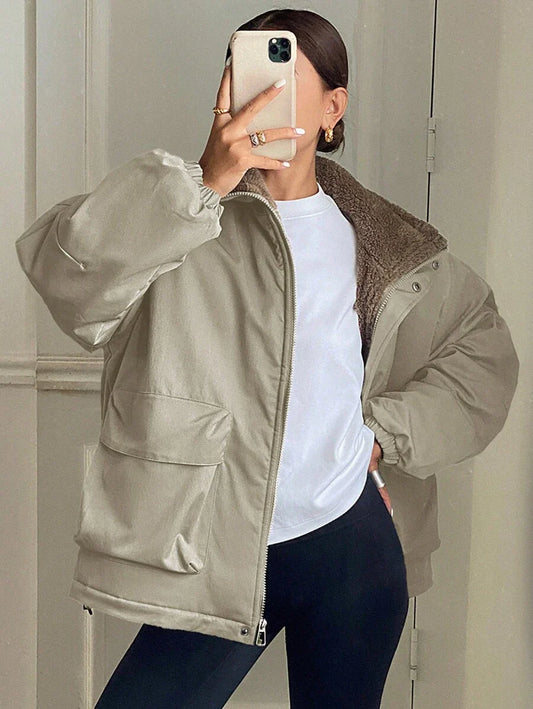 DAZY 1pc Women Solid Color Loose Fit Long Sleeve Pocket Fleece Casual Jacket, Winter Women Clothes, Winter Coat Women