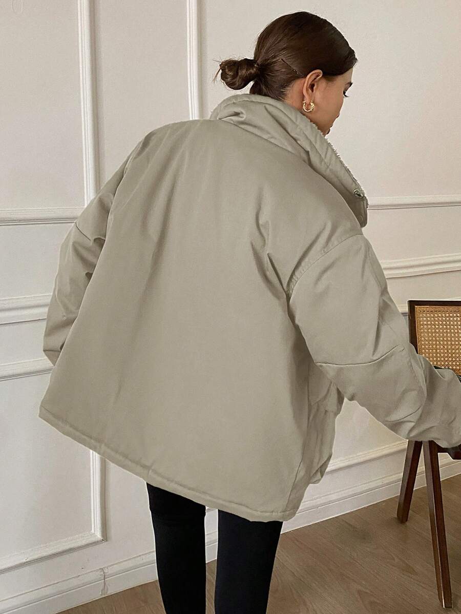 DAZY Solid Color Loose Long Sleeve Pocketed Fleece Women's Padded Coat, Ladies Winter Casual Drawstring, Pocket, Zipper Drop Shoulder Collar Loose Green Plain Women Padded Coats, Winter Warmth/ Winter Fashion ,Winter Women Clothes,Winter Coat Women Jacke