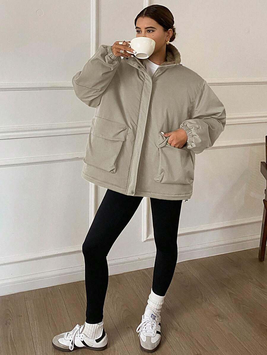 DAZY Solid Color Loose Long Sleeve Pocketed Fleece Women's Padded Coat, Ladies Winter Casual Drawstring, Pocket, Zipper Drop Shoulder Collar Loose Green Plain Women Padded Coats, Winter Warmth/ Winter Fashion ,Winter Women Clothes,Winter Coat Women Jacke