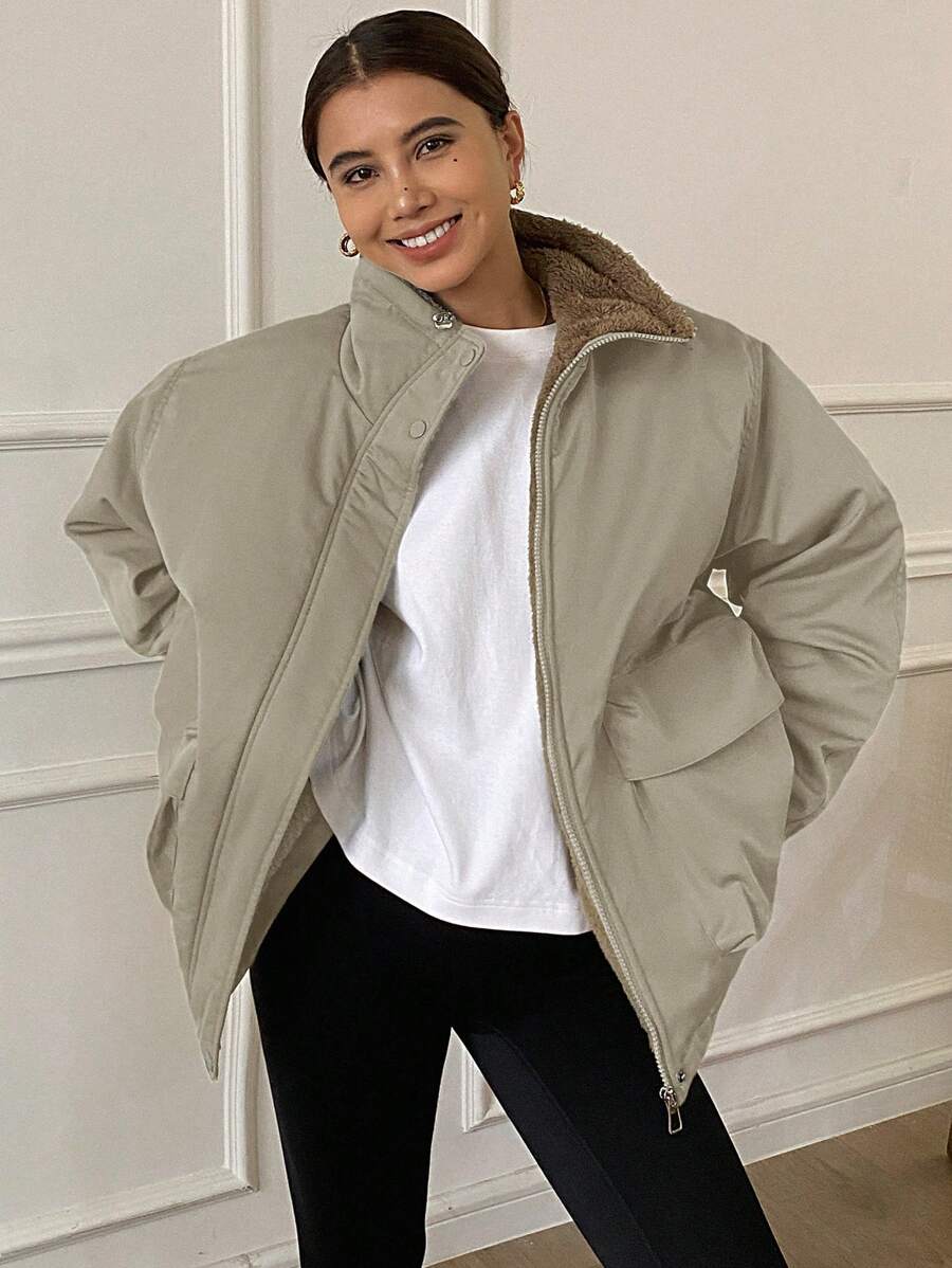 DAZY Solid Color Loose Long Sleeve Pocketed Fleece Women's Padded Coat, Ladies Winter Casual Drawstring, Pocket, Zipper Drop Shoulder Collar Loose Green Plain Women Padded Coats, Winter Warmth/ Winter Fashion ,Winter Women Clothes,Winter Coat Women Jacke