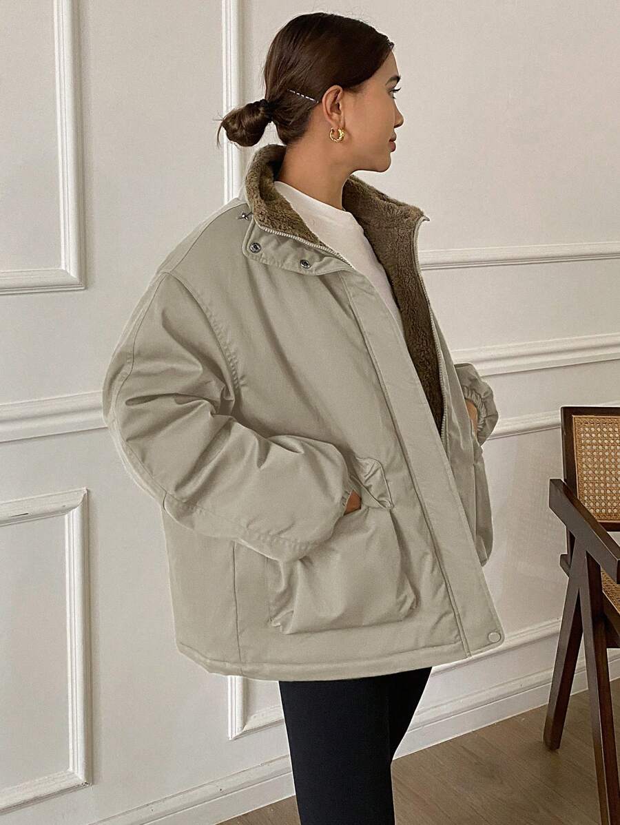 DAZY 1pc Women Solid Color Loose Fit Long Sleeve Pocket Fleece Casual Jacket, Winter Women Clothes, Winter Coat Women
